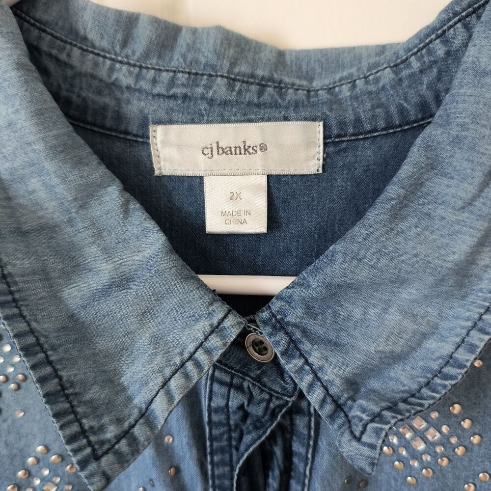 CJ Banks Denim Shirt 2X Blue Tie dye Roll Tab Sleeves Bling Rodeo Festival - Picture 6 of 16